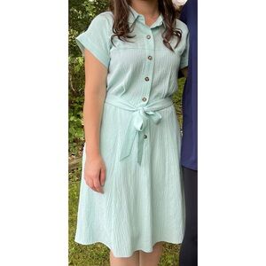 Mint Green Button-Front Shirt Dress with Tie Waist, Size 6